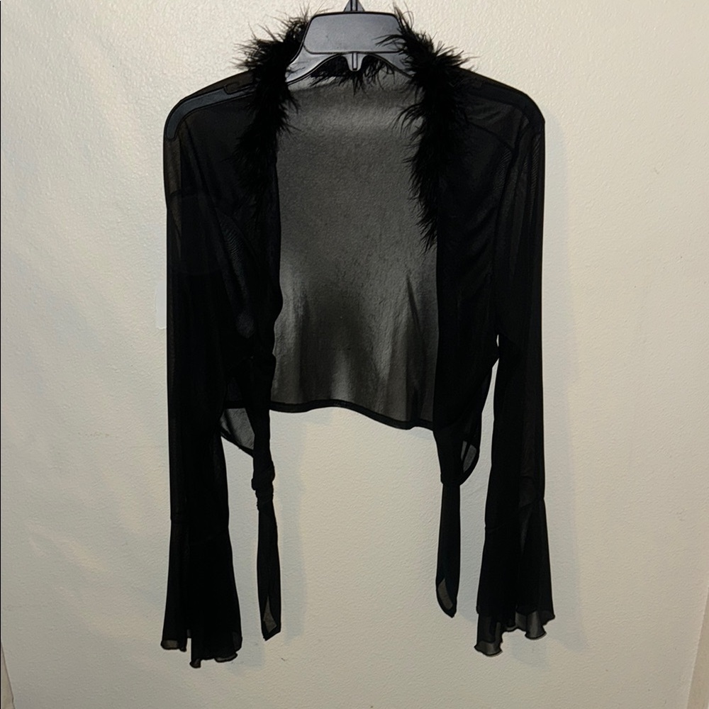 Black Sheer Bell Sleeve Crop Blouse with Tie Front